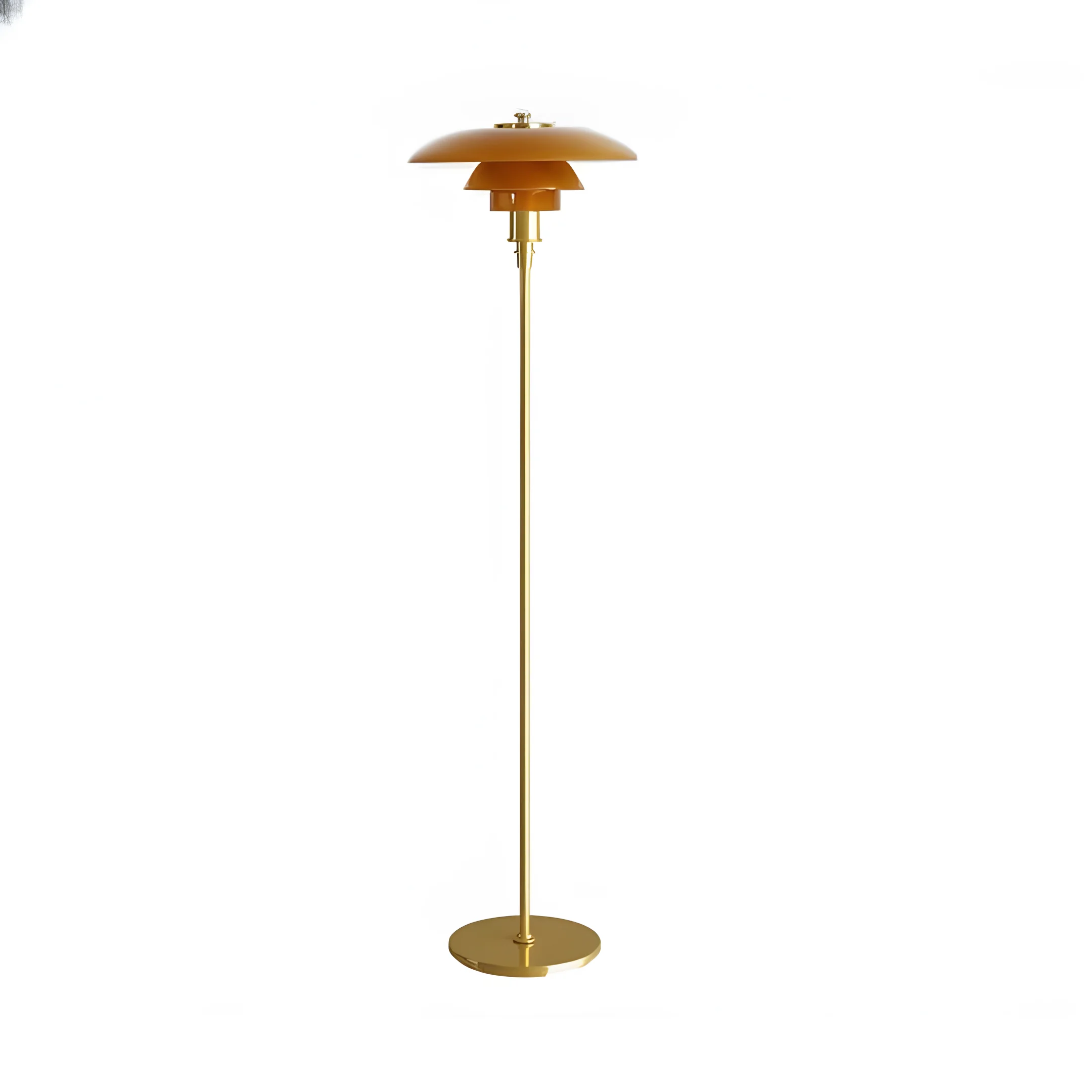 Gold-colored modern floor lamp with a tiered, saucer-shaped shade.