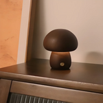 Short Brown Portable Wooden Mushroom Bedside Lamp