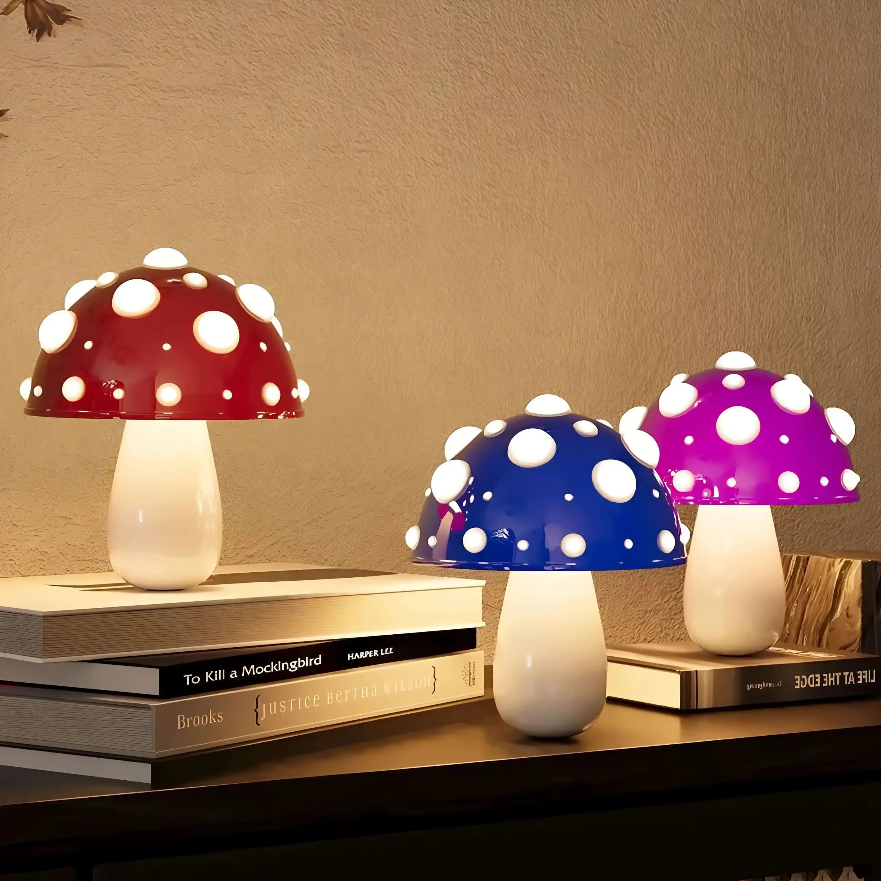 Colorful mushroom-shaped lamps with white polka dots on their caps.