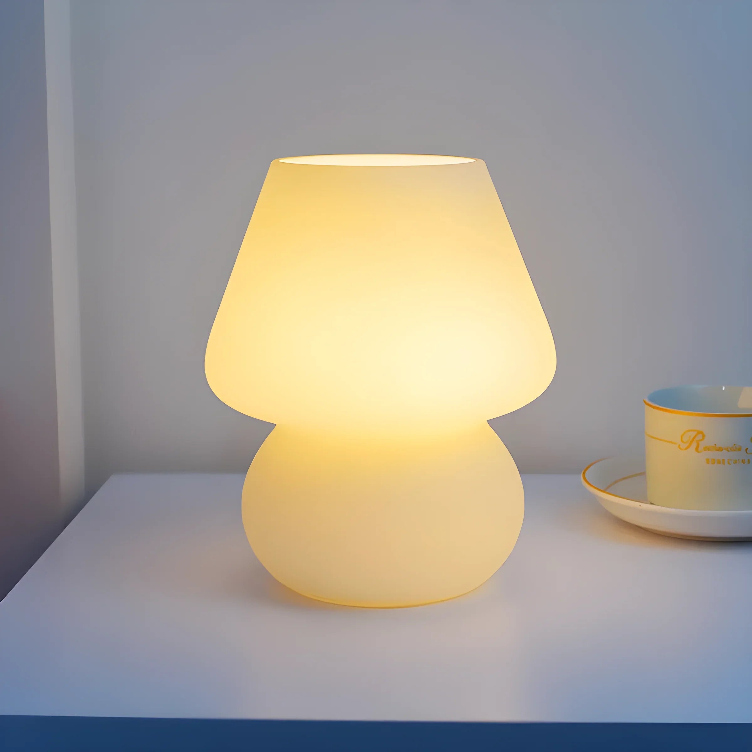 Glowing mushroom-shaped table lamp with a warm yellow light.