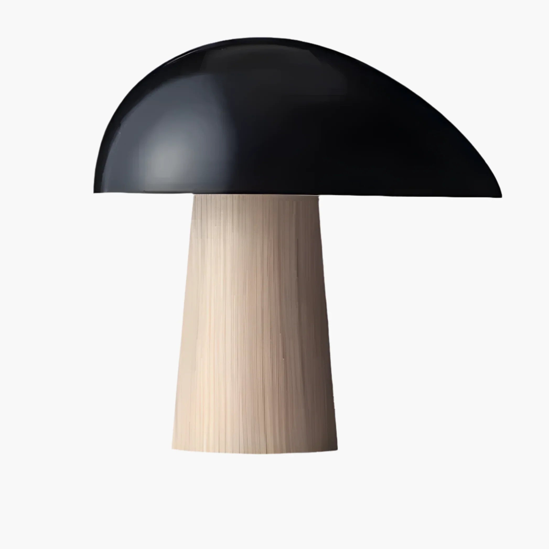 Mushroom-shaped table lamp with a black dome shade and light wooden base.