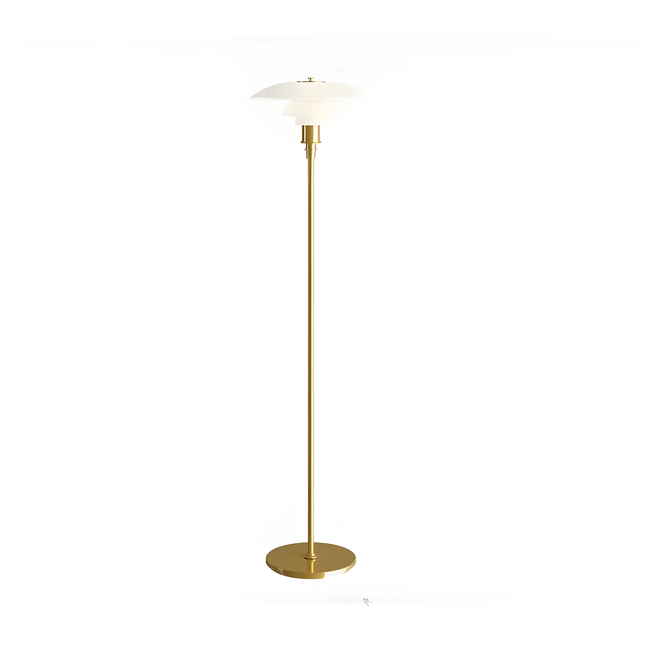 Modern floor lamp with a brass stand and white disc-shaped shade.