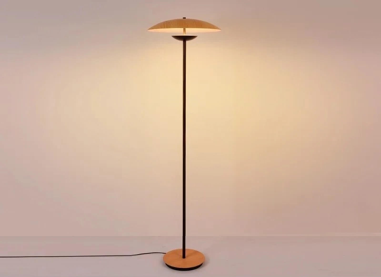 Modern floor lamp with a slim stand and wide, disc-shaped shade.