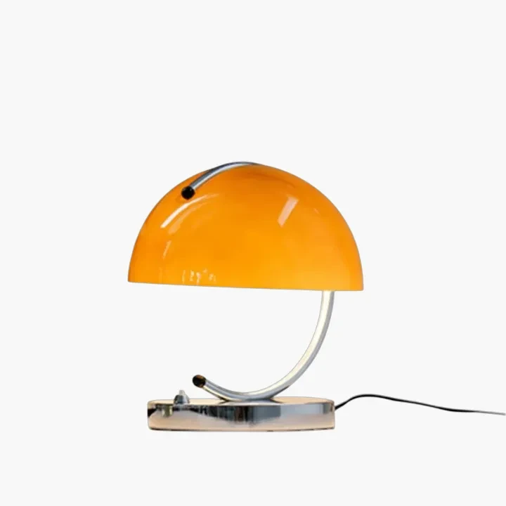 Orange dome-shaped desk lamp with a curved metal base and arm.