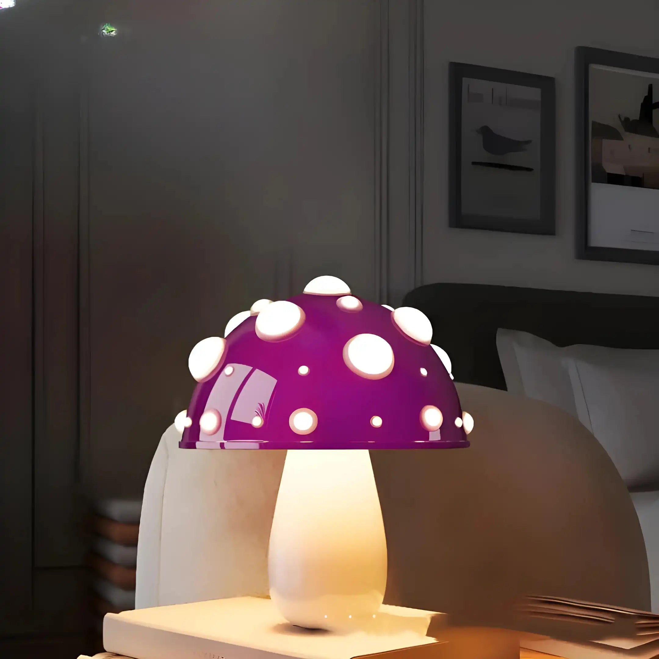 Whimsical purple mushroom-shaped lamp with white polka dots.