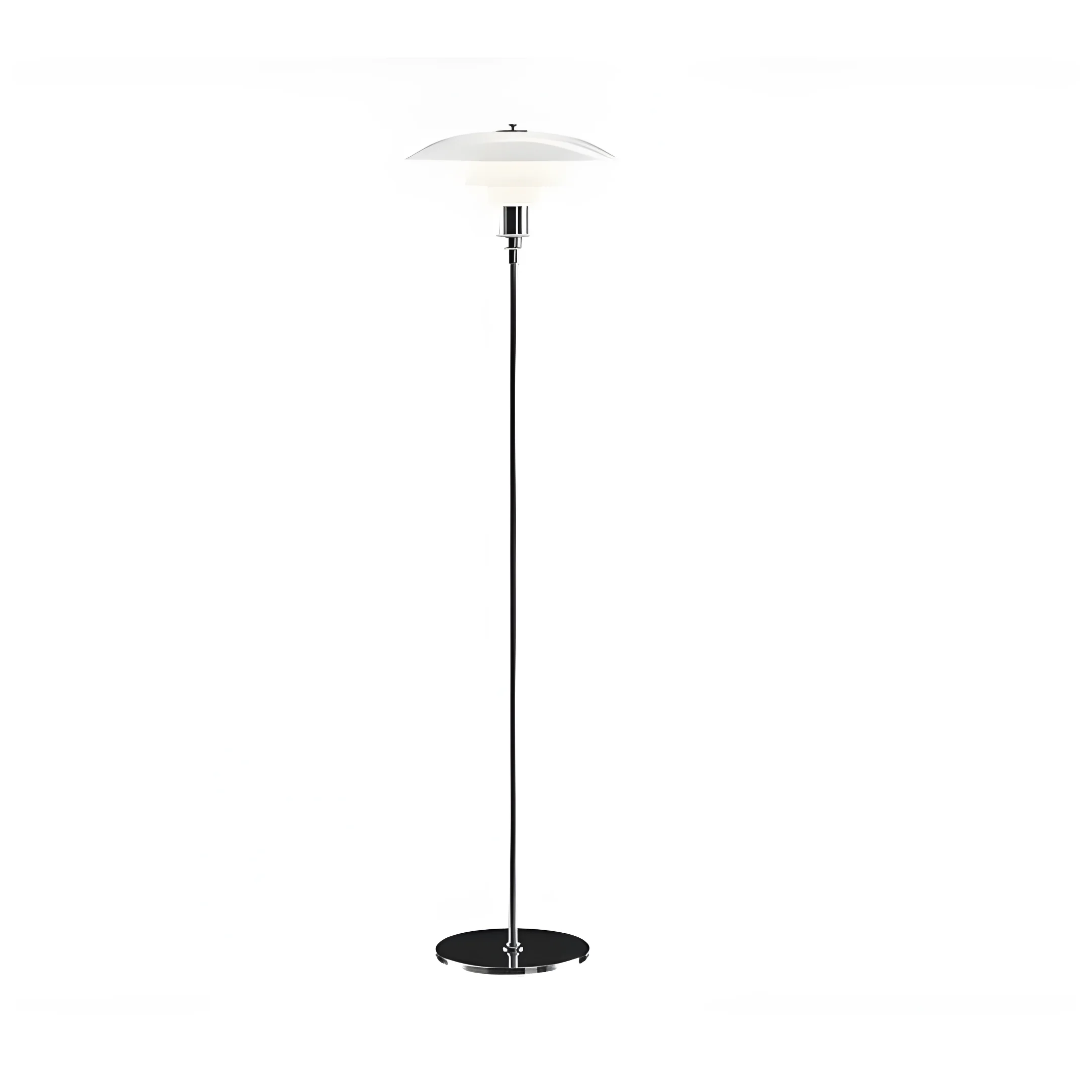 Modern floor lamp with a white disc-shaped shade atop a slender black stand.