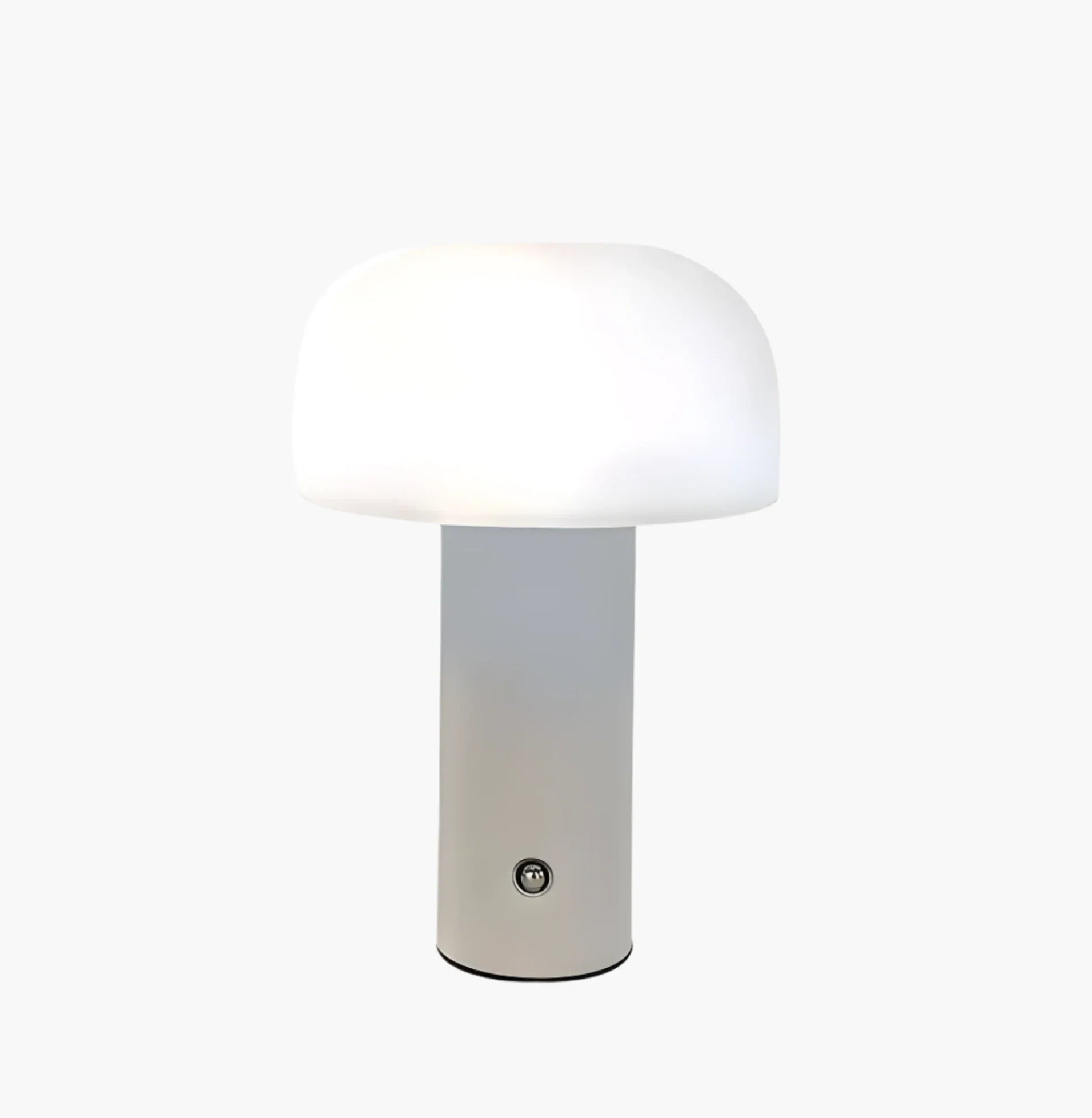 Modern table lamp with a white mushroom-shaped shade and cylindrical base.