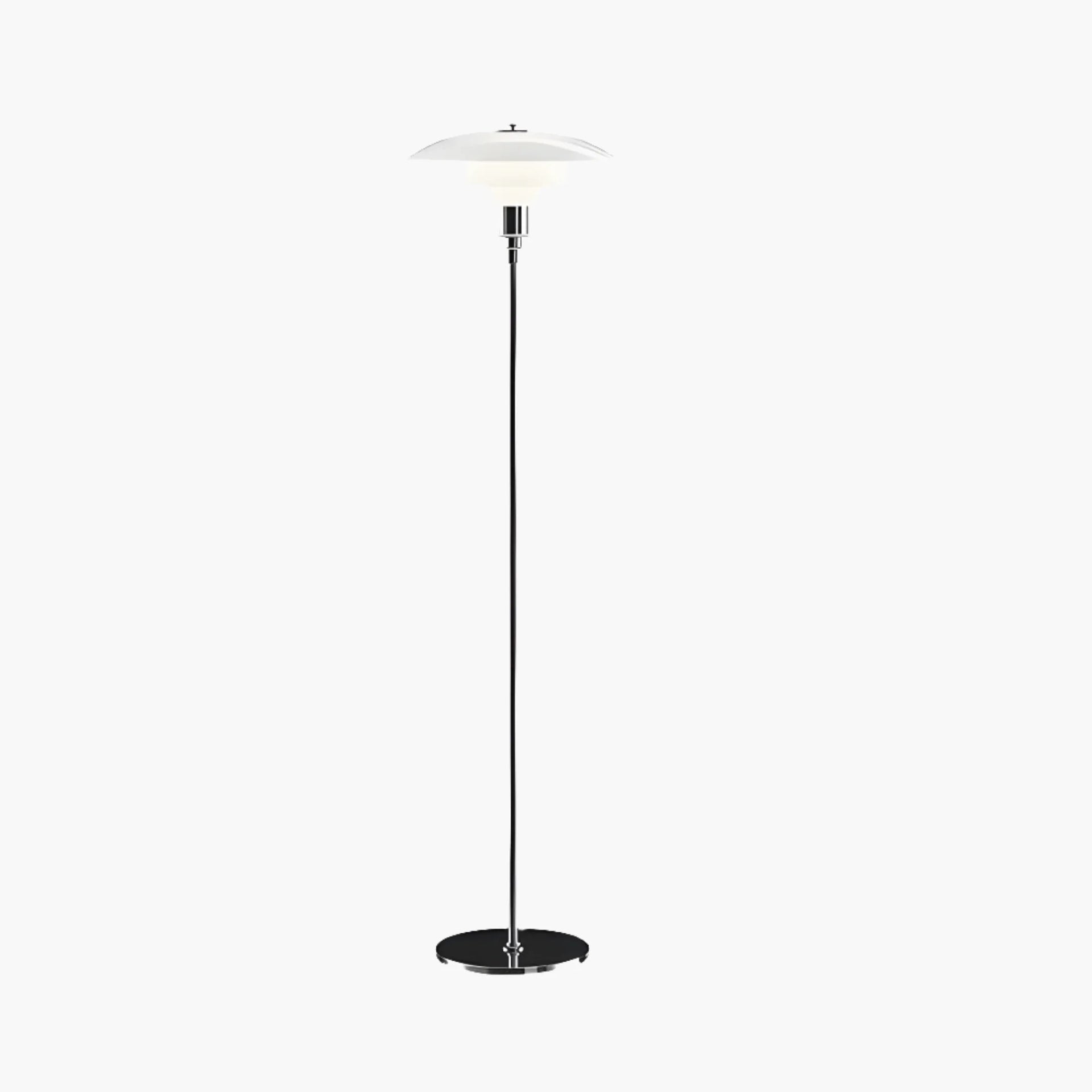 Modern floor lamp with a slim black stand and wide white circular shade.