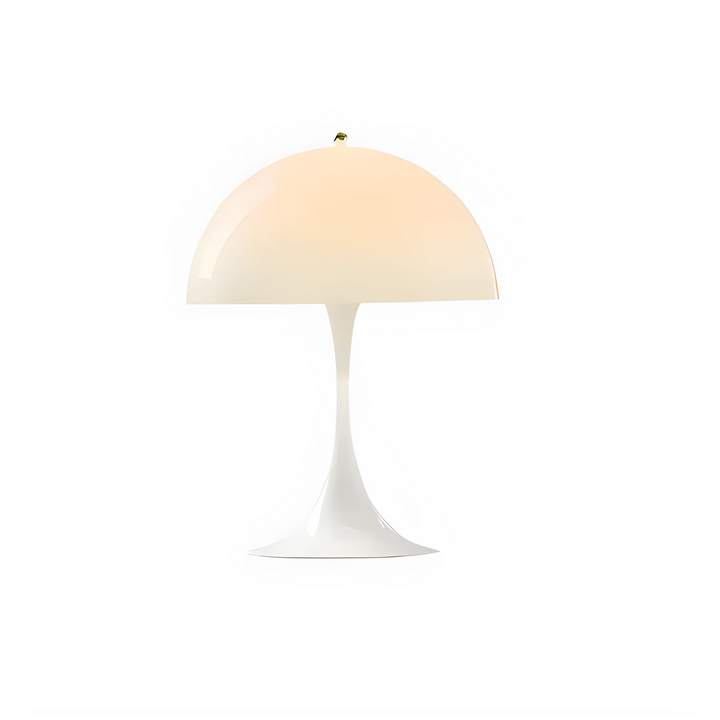 White table lamp with a dome-shaped shade and slender stem base.